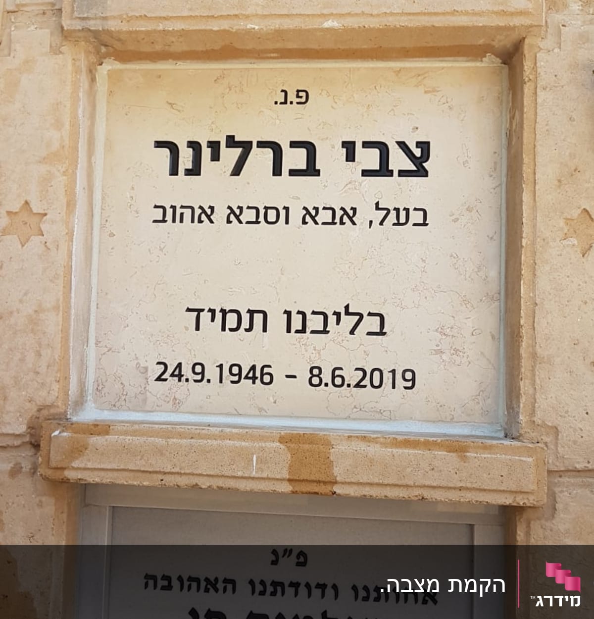 שתי מצבות עם כיתוב בעברית ותאריכי לידה ופטירה